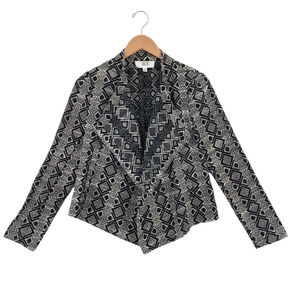 JACK Blazer Jacket Womens Small White Black Geometric Print Open Front